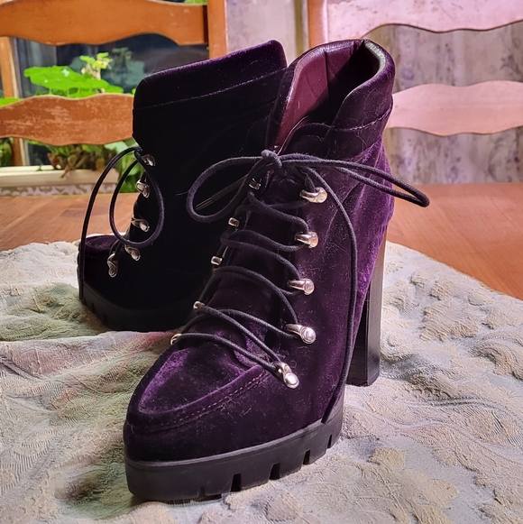 Velvet Platform Ankle Boots - Purple 6.5 Lace Up Bootie - Picture 2 of 11